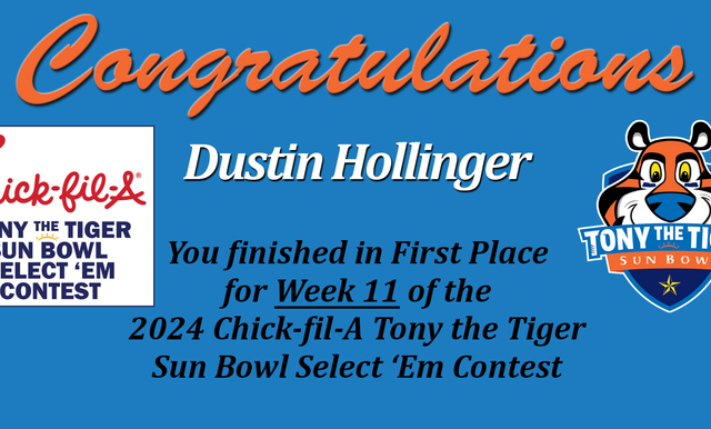 Chick-fil-A Tony the Tiger Sun Bowl Select ‘Em Contest: Weekly Winner & Upcoming Games